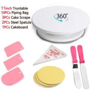 11 INCH CAKE TURNTABLE 3PCS CAKE SCRAPER SET 2PCS STAINLESS STEEL SPATULA 10PCS PIPING BAGS 1PCS CAKE BOARD (1)