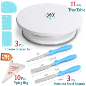 11 INCH ROTATING CAKE TURNTABLE 3PCS CAKE SCRAPER SET 10PCS PIPING BAGS 3 PCS STEEL SPATULA