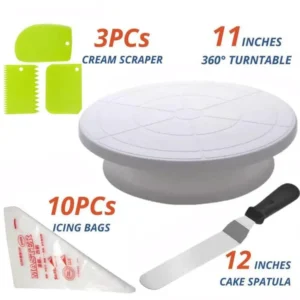 11INCH ROTATING CAKE TURNTABLE, 3PCS SCRAPER SET, 12INCH STAINLESS STEEL SPATULA , 10PCS PIPING BAGS